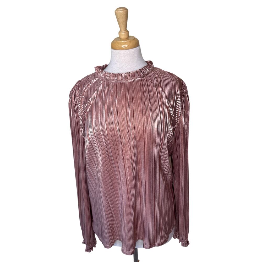AQUA Metallic Rose Gold Pleated Ruffle Neck Long Sleeve Blouse Size Large